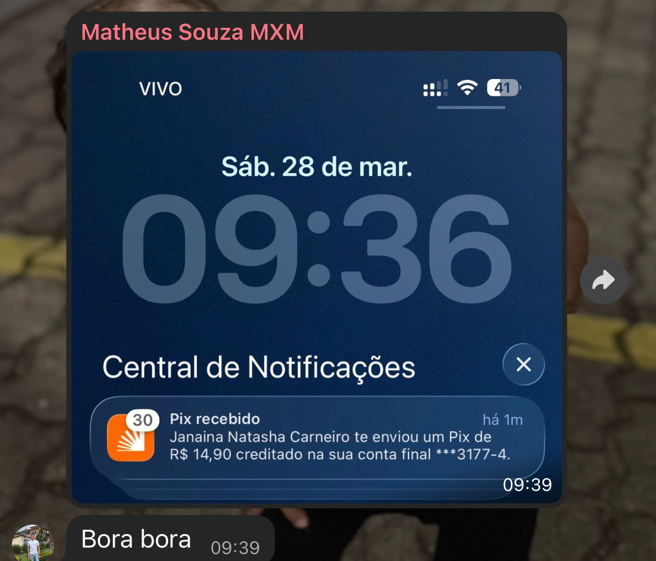 Aluno Matheus recebendo Pix ao vivo durante a execução do método